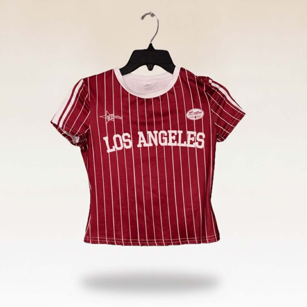 SHEIN Girls Burgundy Los Angeles Pinstripe Short Sleeve Baseball Jersey T-Shirt
